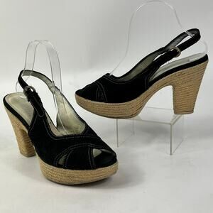 Barneys New York Black Suede Slingback Wedge Heels Women Sz 9 Italian Jute Sole